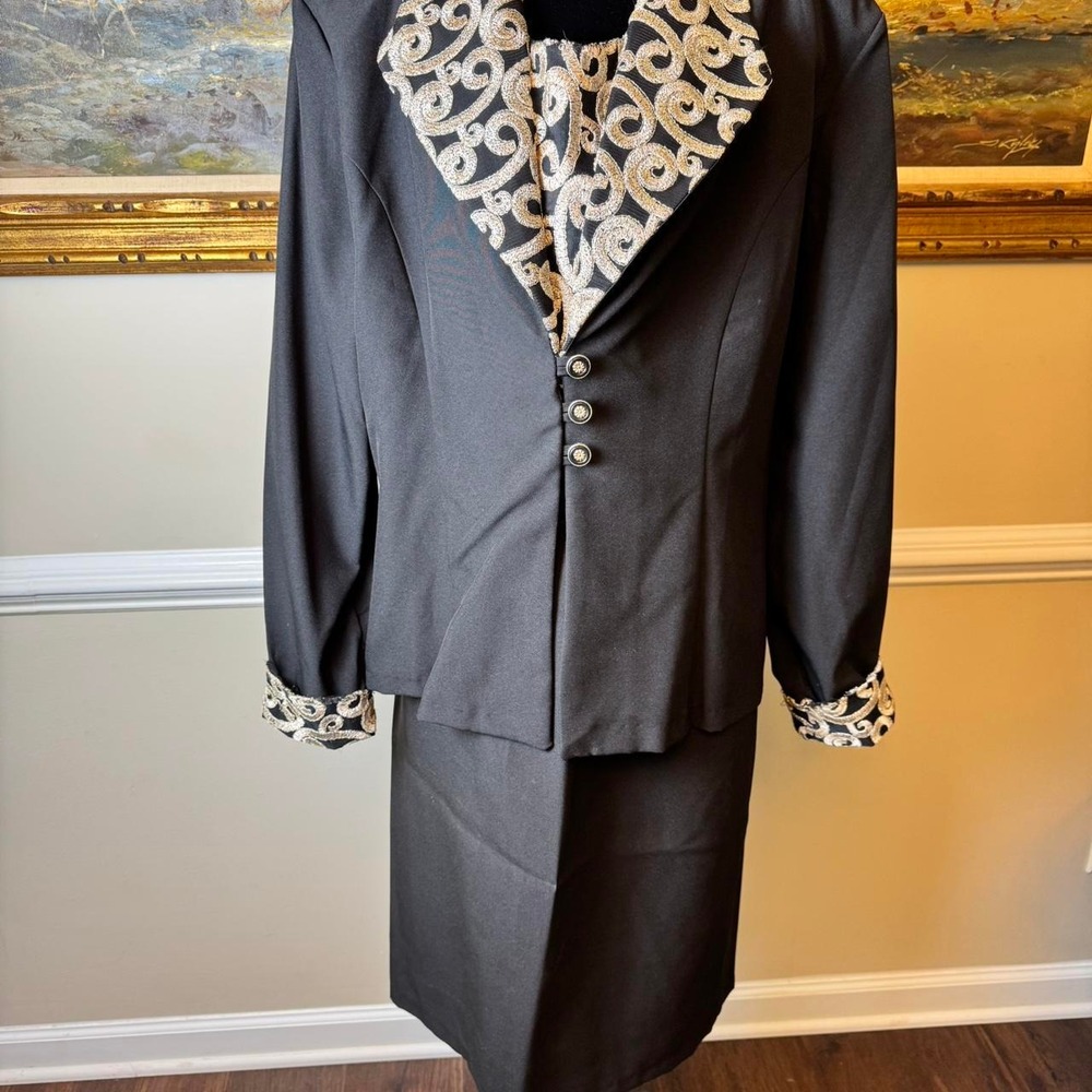 Beautiful U Womens Plus Size 20 Black Gold Soutache 3 Piece Skirt Suit Set USA